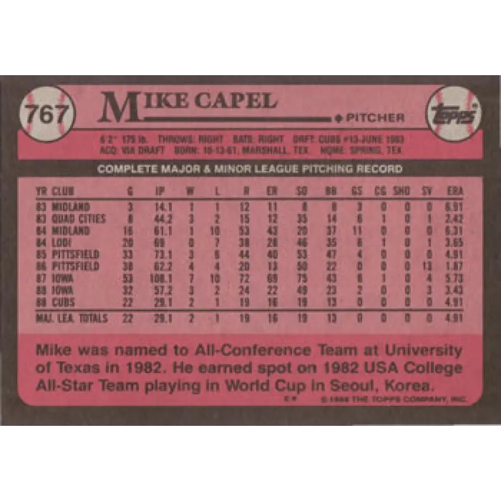1989 Topps #767 Mike Capel NM-MT RC Rookie Chicago Cubs Baseball Card Image 2