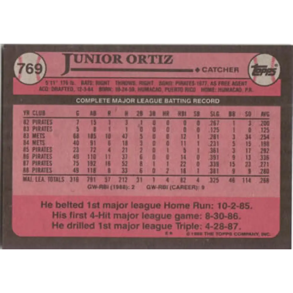 1989 Topps #769 Junior Ortiz NM-MT Pittsburgh Pirates Baseball Card Image 2