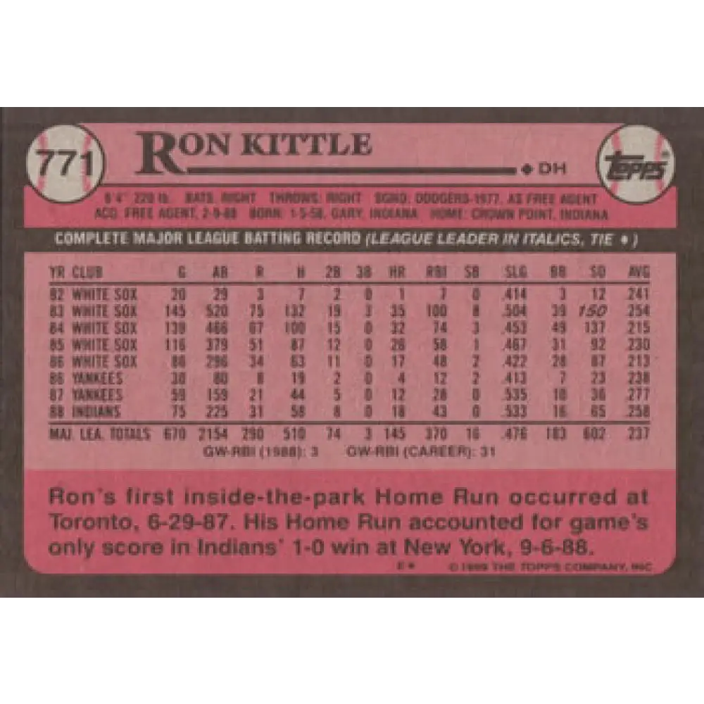 1989 Topps #771 Ron Kittle NM-MT Cleveland Indians Baseball Card Image 2