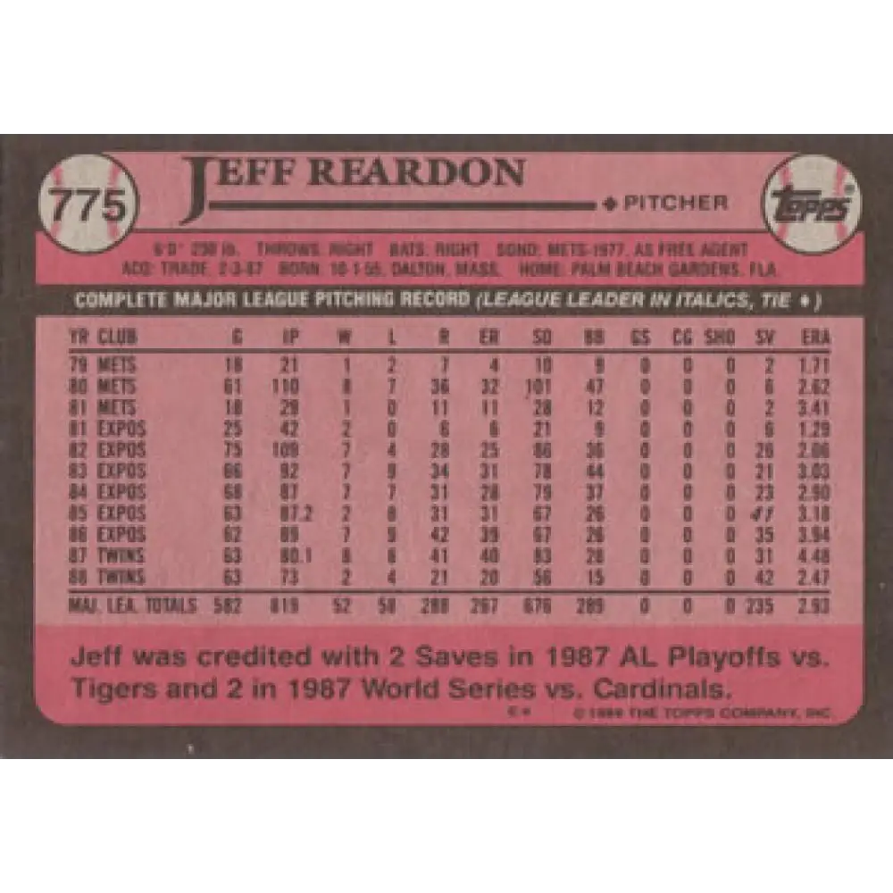 1989 Topps #775 Jeff Reardon NM-MT Minnesota Twins Baseball Card Image 2