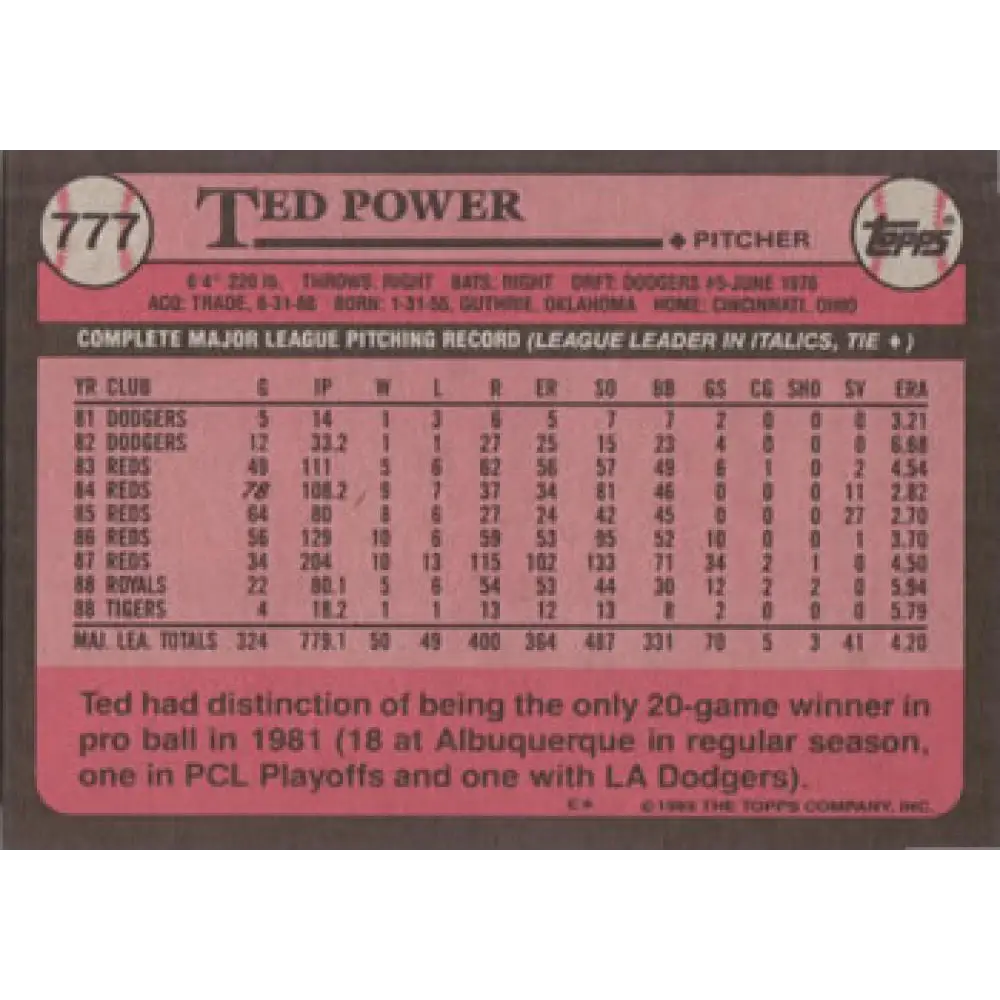 1989 Topps #777 Ted Power NM-MT Detroit Tigers Baseball Card Image 2