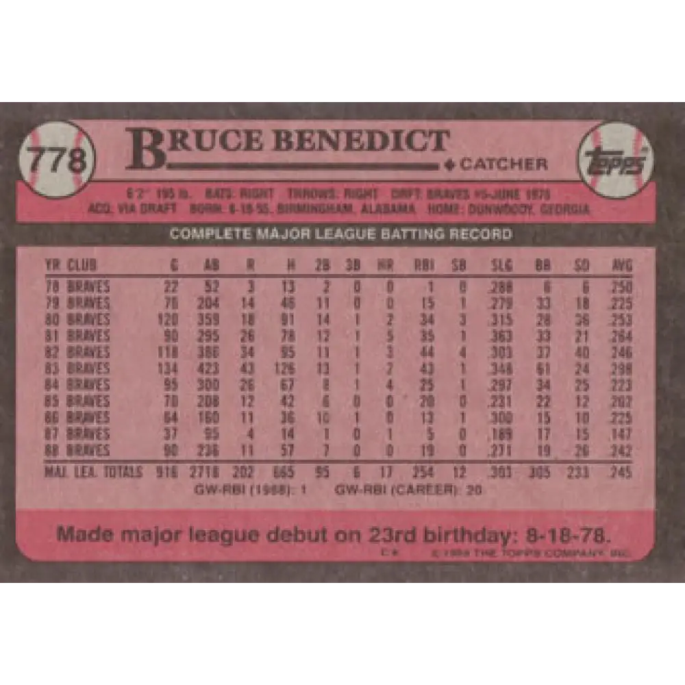 1989 Topps #778 Bruce Benedict NM-MT Atlanta Braves Baseball Card Image 2