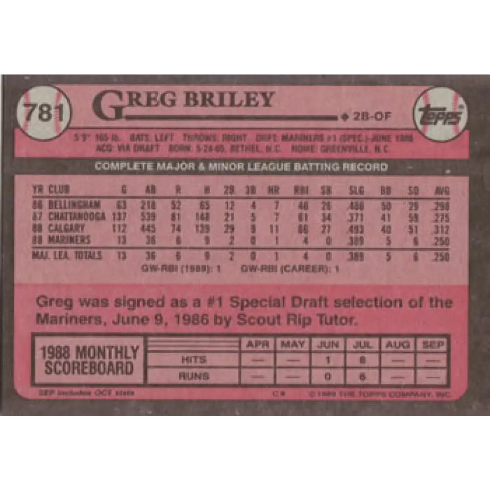 1989 Topps #781 Greg Briley NM-MT RC Rookie Seattle Mariners Baseball Card Image 2