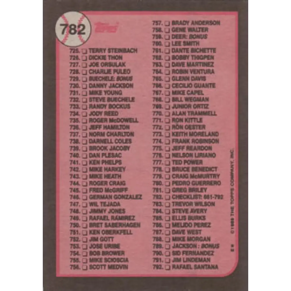 1989 Topps #782 Checklist 661-792 NM-MT Checklist Baseball Card Image 2