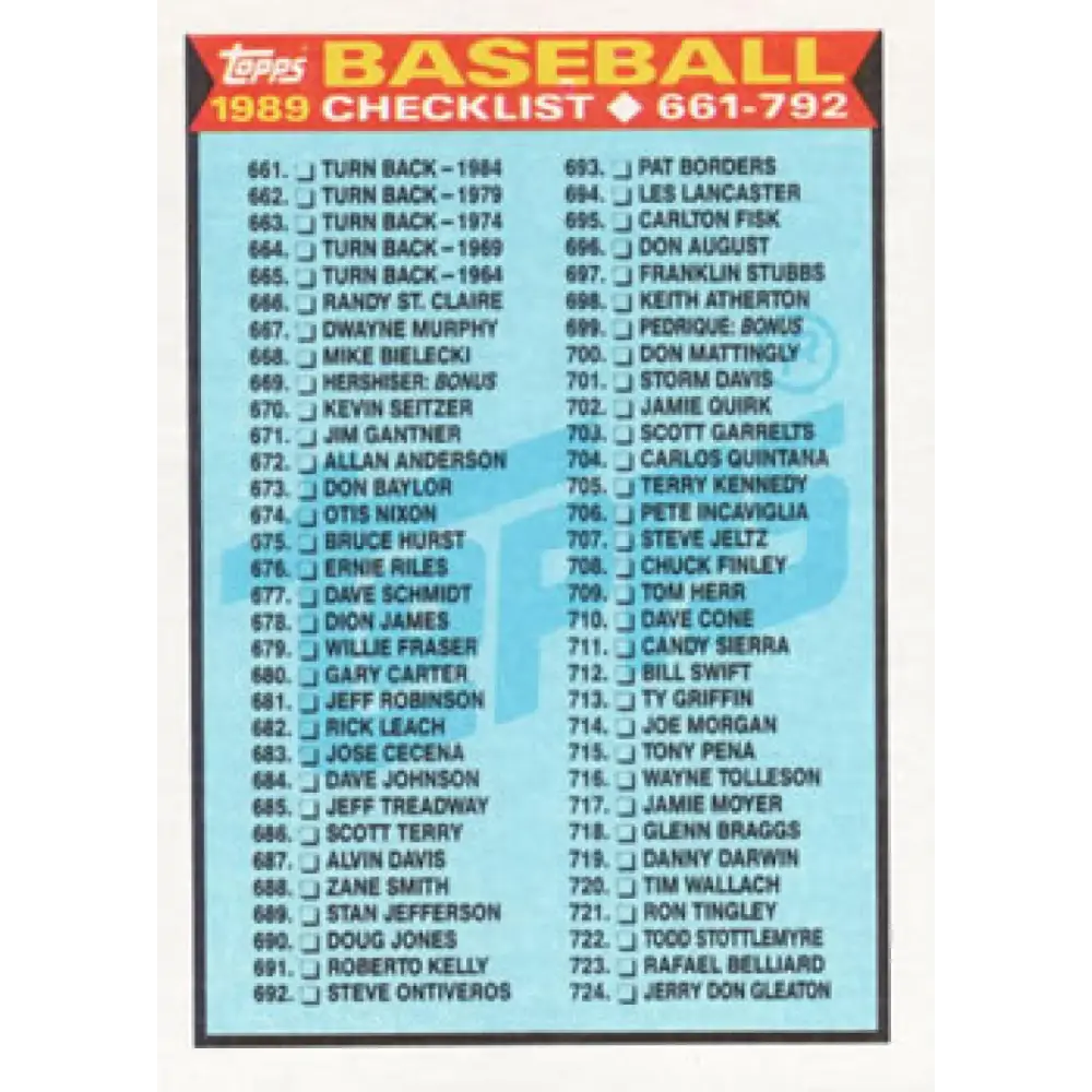 1989 Topps #782 Checklist 661-792 NM-MT Checklist Baseball Card Image 1