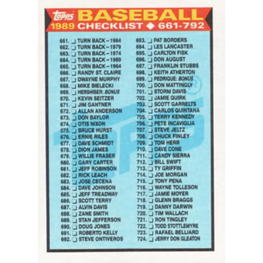 1989 Topps #782 Checklist 661-792 NM-MT Checklist Baseball Card Image 1