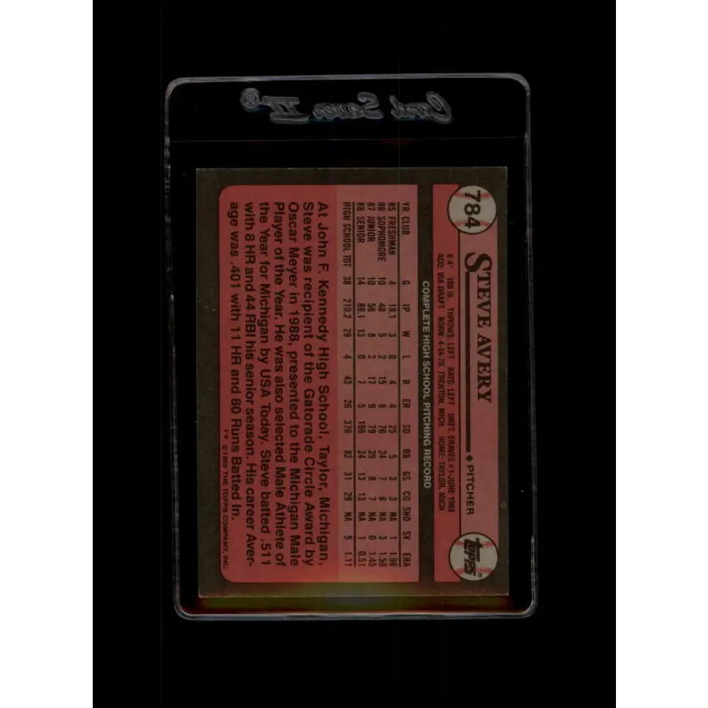 1989 Topps #784 Steve Avery NM-MT RC Rookie Atlanta Braves Baseball Card Image 2