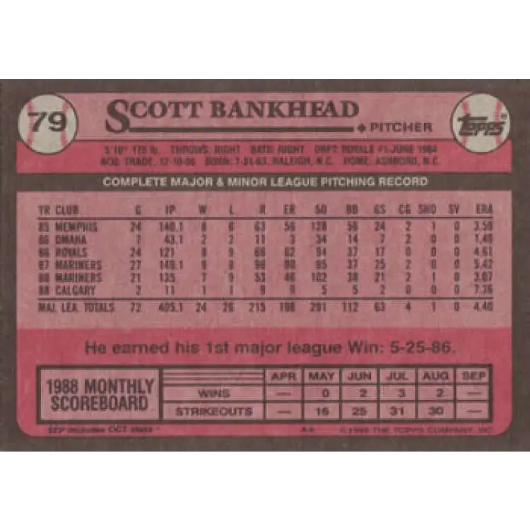 1989 Topps #79 Scott Bankhead NM-MT Seattle Mariners Baseball Card Image 2