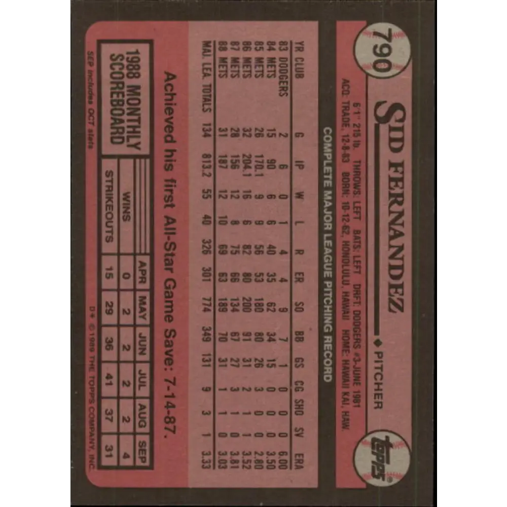 1989 Topps #790 Sid Fernandez NM-MT New York Mets Baseball Card Image 2