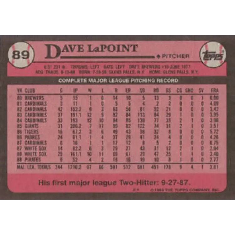 1989 Topps #89 Dave LaPoint NM-MT Pittsburgh Pirates Baseball Card Image 2