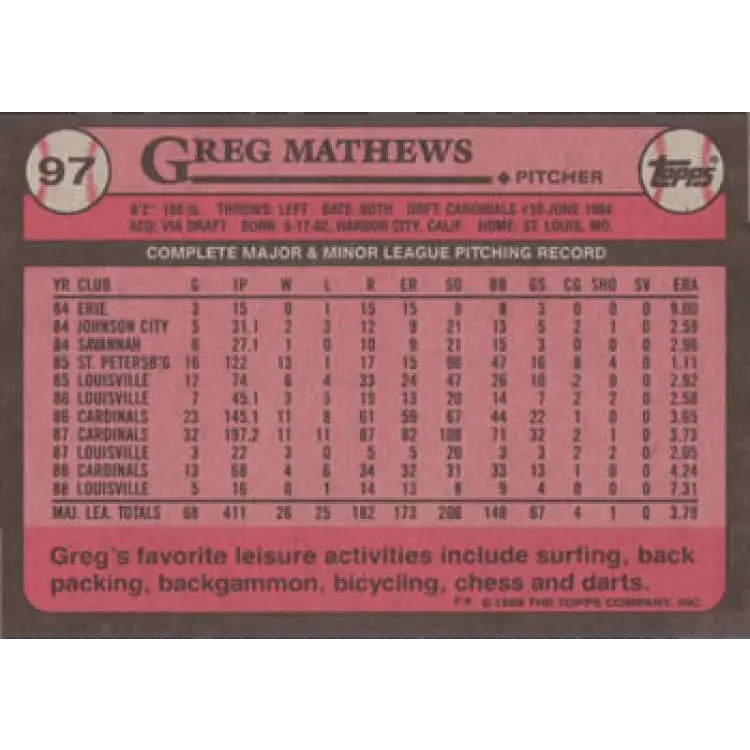 1989 Topps #97 Greg Mathews NM-MT St. Louis Cardinals Baseball Card Image 2