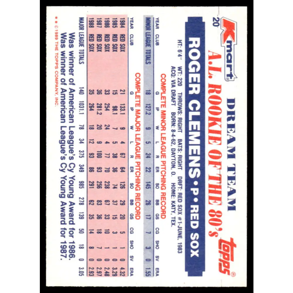 1989 Topps Kmart Dream Team #20 Roger Clemens EX/NM Boston Red Sox Baseball Card Image 2