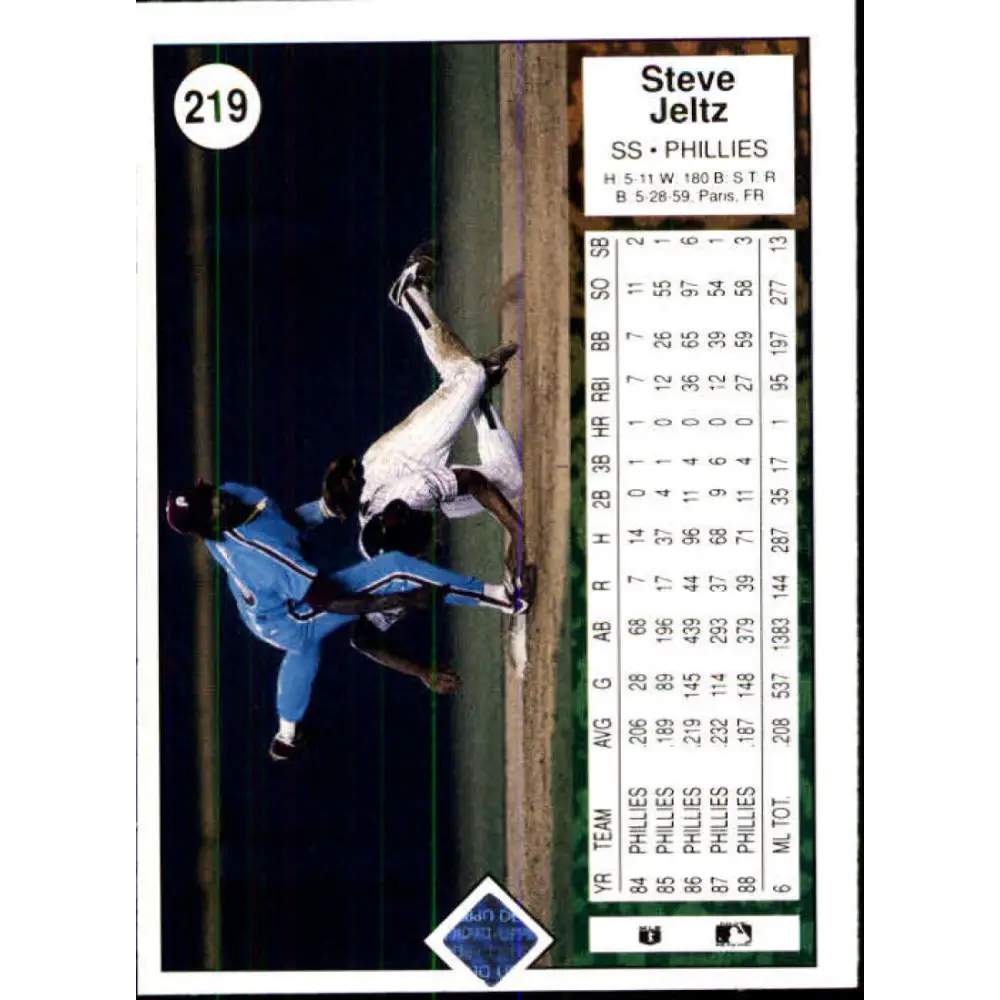 1989 Upper Deck #219 Steve Jeltz NM-MT Philadelphia Phillies Baseball Card Image 2