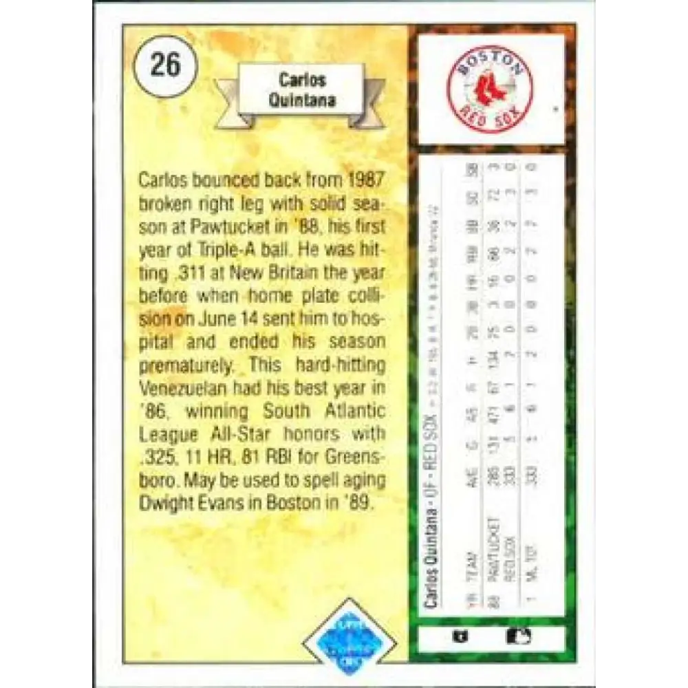 1989 Upper Deck #26 Carlos Quintana NM-MT RC Rookie Boston Red Sox Baseball Card Image 2