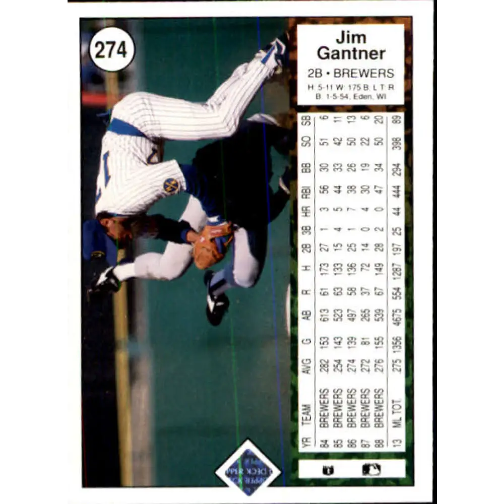 1989 Upper Deck #274 Jim Gantner NM-MT Milwaukee Brewers Baseball Card Image 2