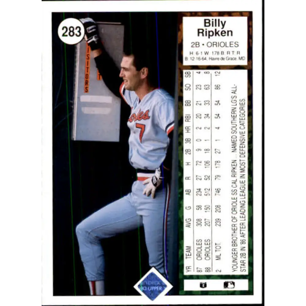 1989 Upper Deck #283 Billy Ripken NM-MT Baltimore Orioles Baseball Card Image 2