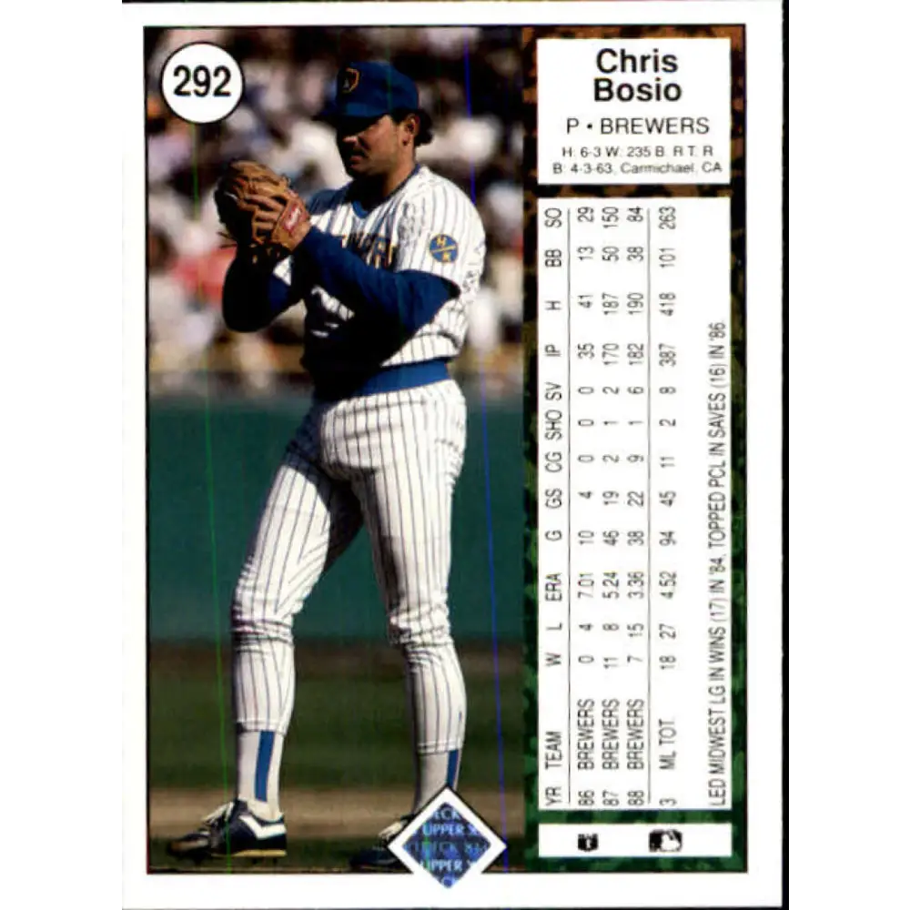 1989 Upper Deck #292 Chris Bosio NM-MT Milwaukee Brewers Baseball Card Image 2