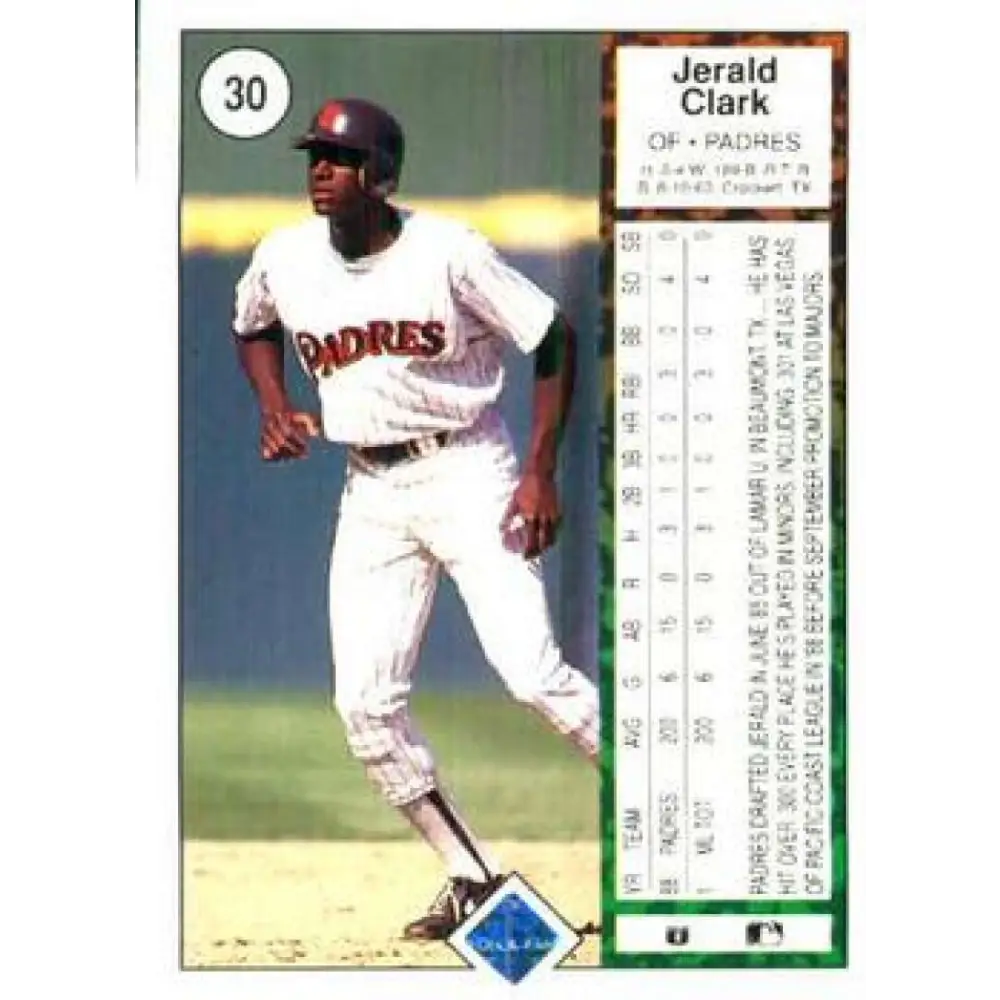 1989 Upper Deck #30 Jerald Clark NM-MT RC Rookie San Diego Padres Baseball Card Image 2