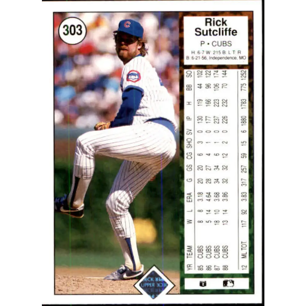 1989 Upper Deck #303 Rick Sutcliffe NM-MT Chicago Cubs Baseball Card Image 2