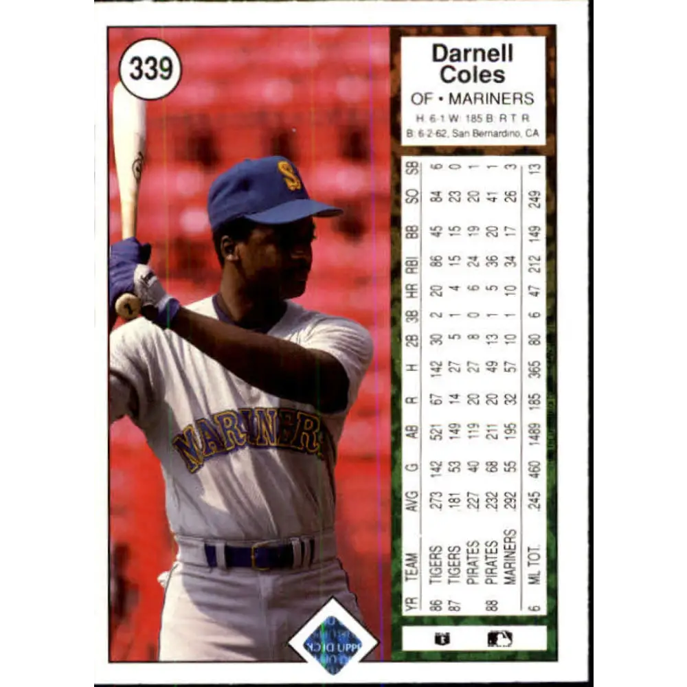 1989 Upper Deck #339 Darnell Coles NM-MT Seattle Mariners Baseball Card Image 2