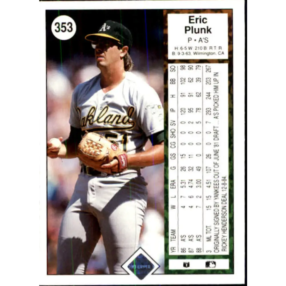 1989 Upper Deck #353 Eric Plunk NM-MT Oakland Athletics Baseball Card Image 2