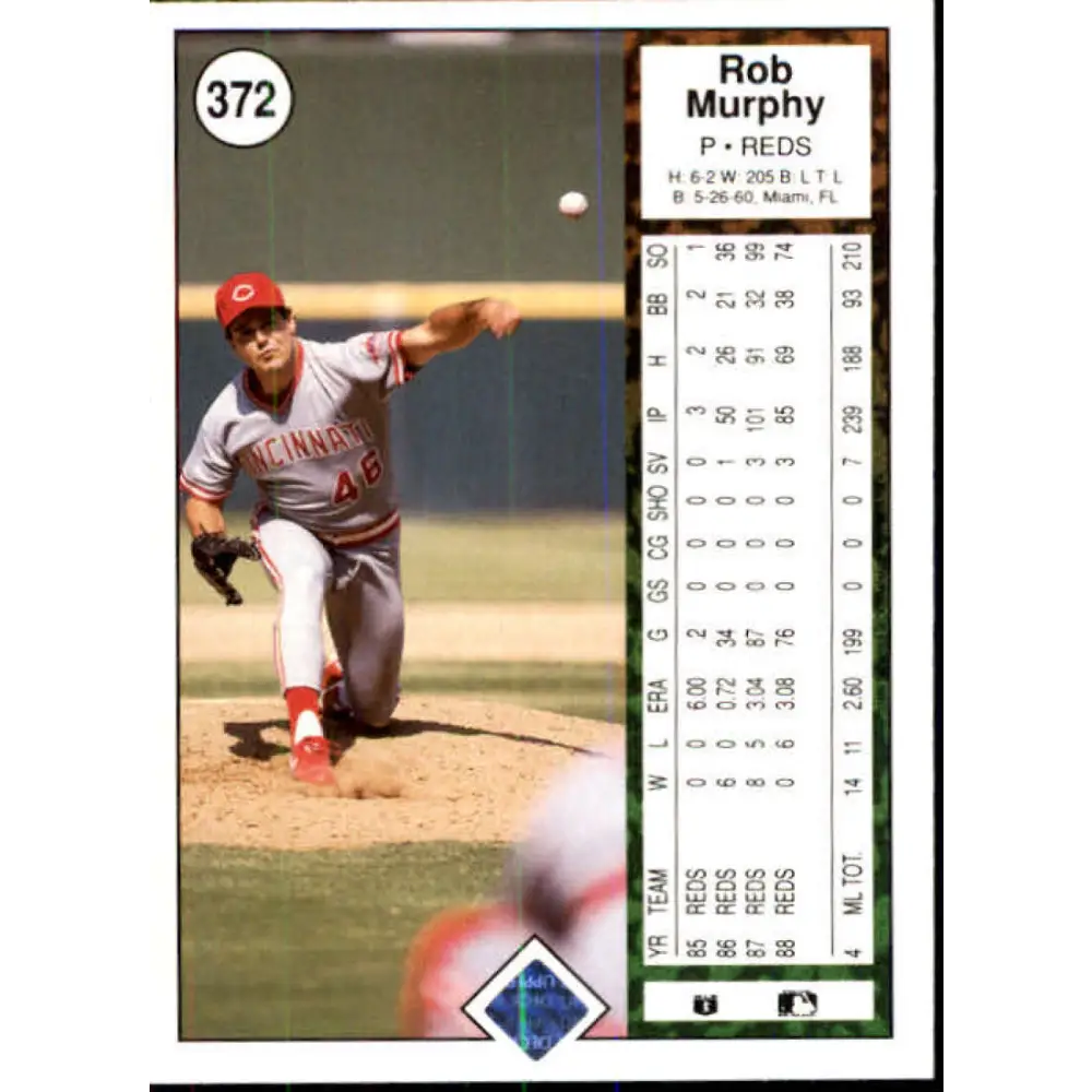 1989 Upper Deck #372 Rob Murphy NM-MT Cincinnati Reds Baseball Card Image 2