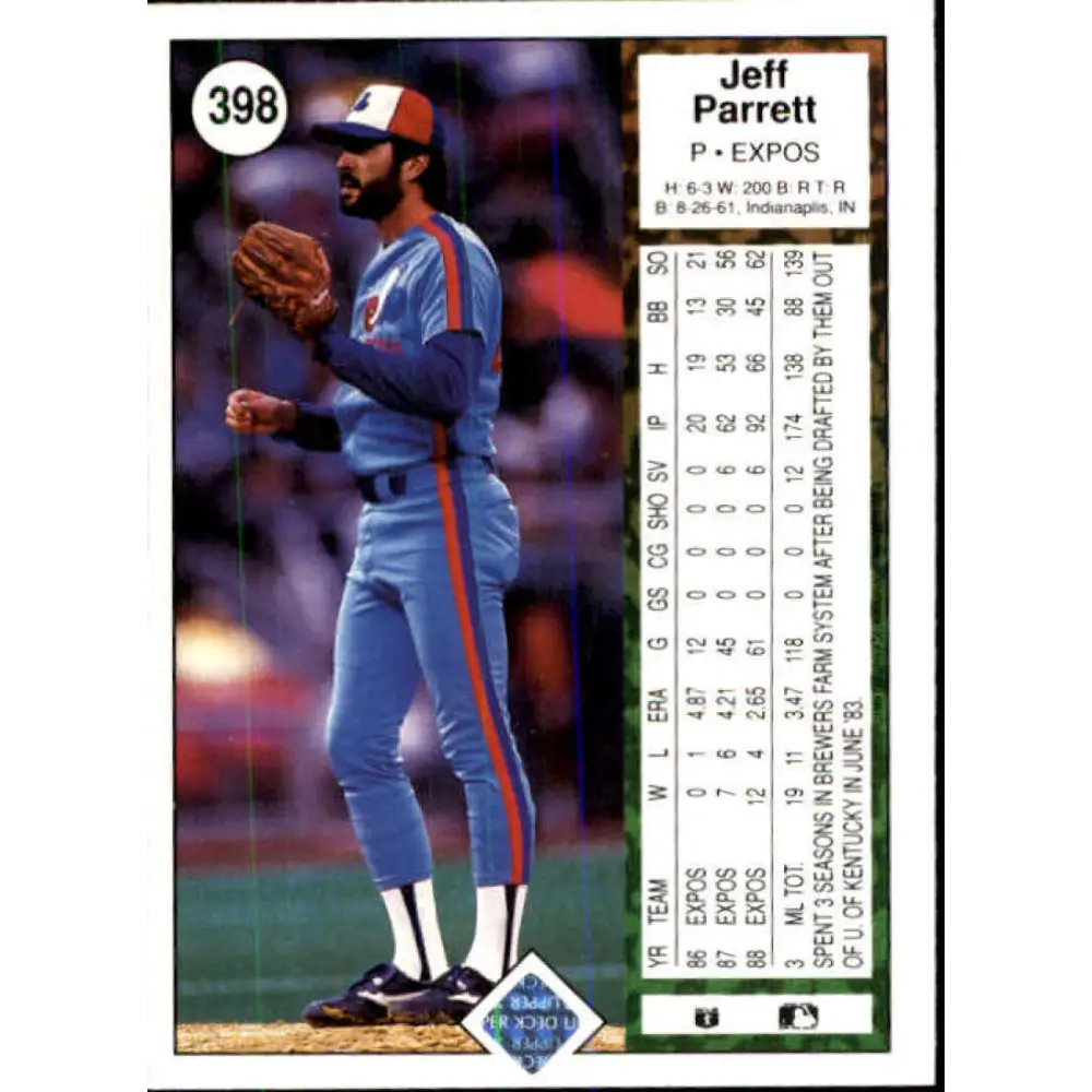 1989 Upper Deck #398 Jeff Parrett NM-MT Montreal Expos Baseball Card Image 2