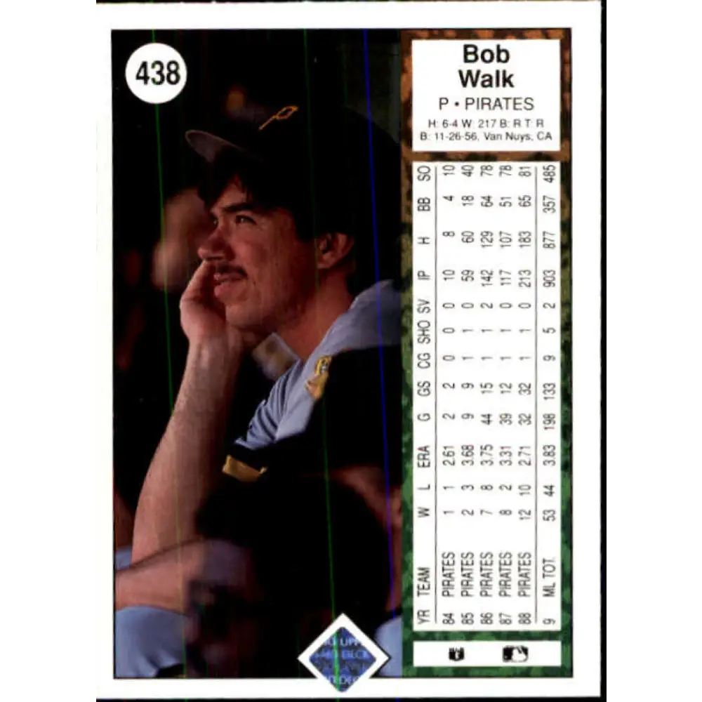 1989 Upper Deck #438 Bob Walk NM-MT Pittsburgh Pirates Baseball Card Image 2