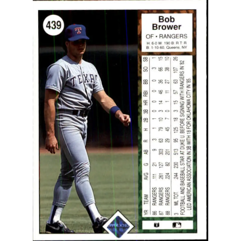 1989 Upper Deck #439 Bob Brower NM-MT Texas Rangers Baseball Card Image 2