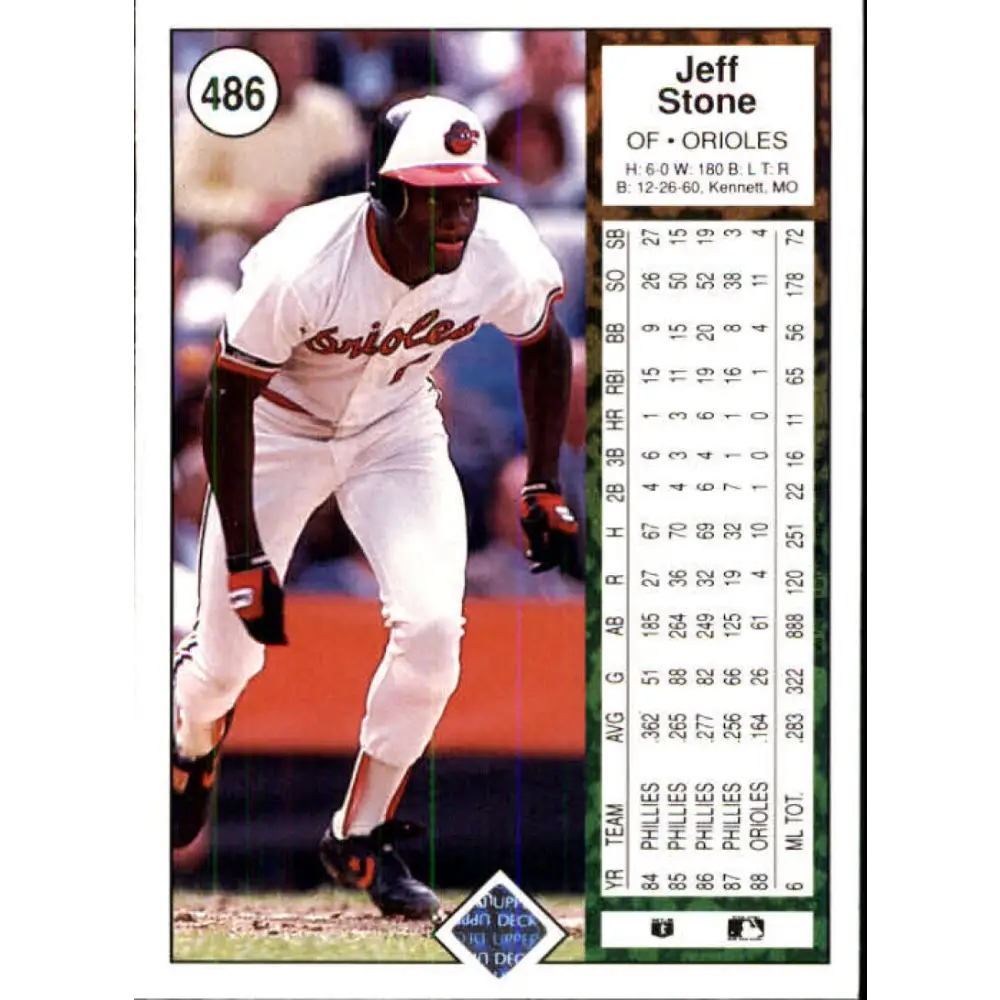 1989 Upper Deck #486 Jeff Stone NM-MT Baltimore Orioles Baseball Card Image 2