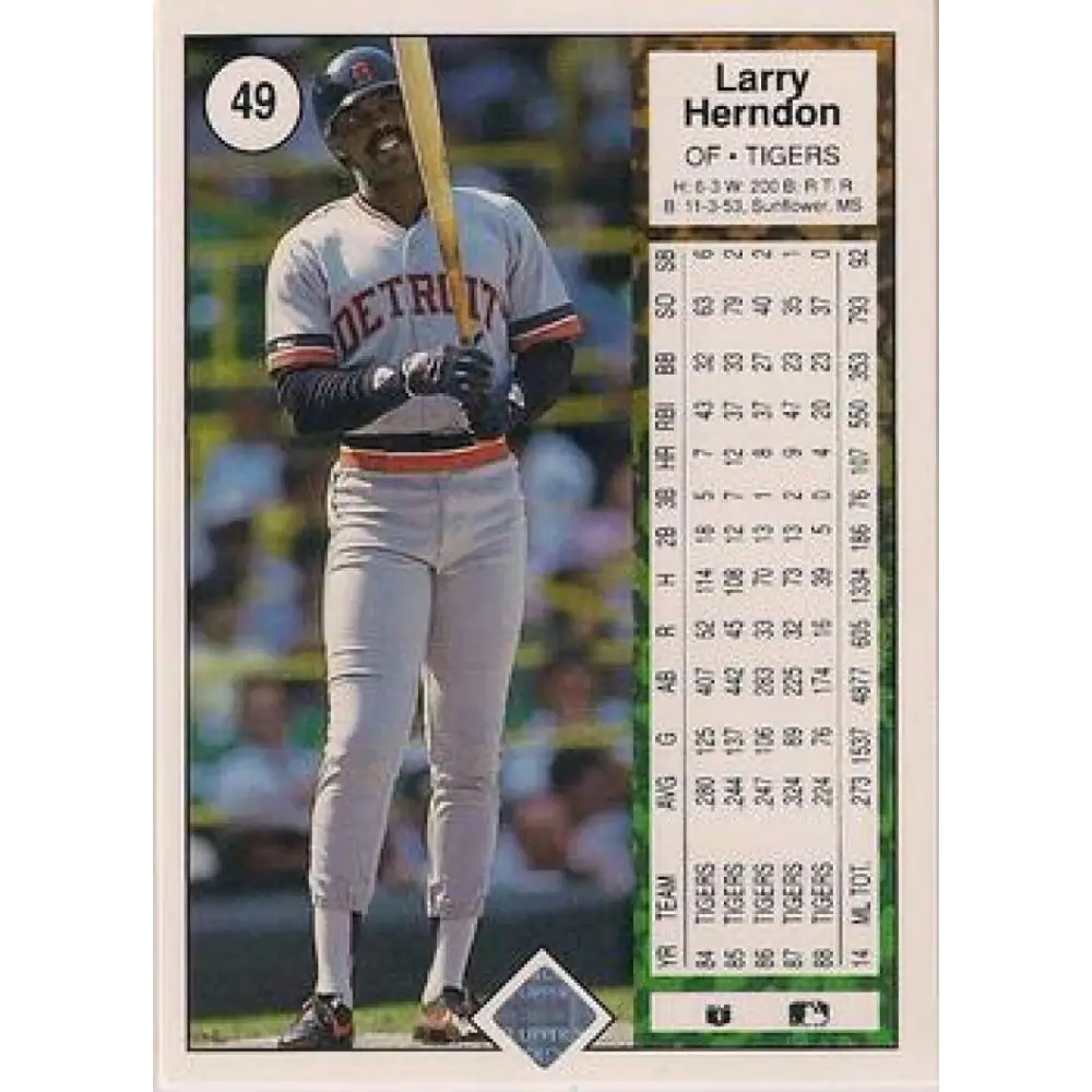 1989 Upper Deck #49 Larry Herndon NM-MT Detroit Tigers Baseball Card Image 2