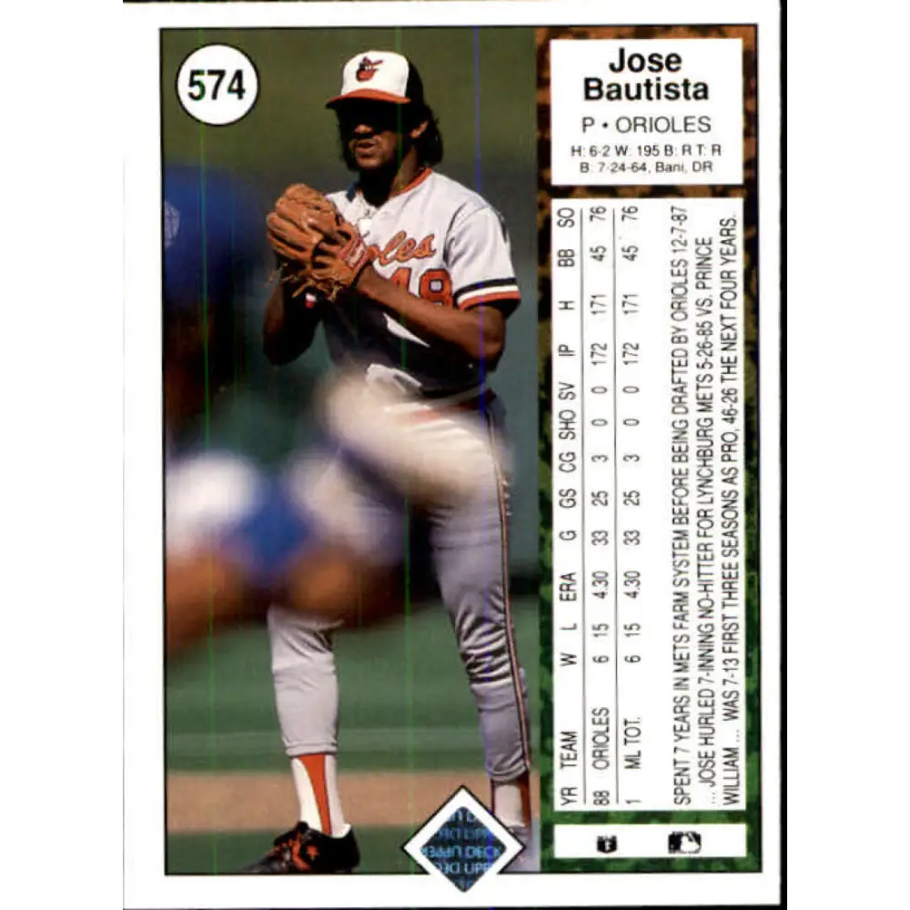1989 Upper Deck #574 Jose Bautista NM-MT RC Rookie Baltimore Orioles Baseball Card Image 2