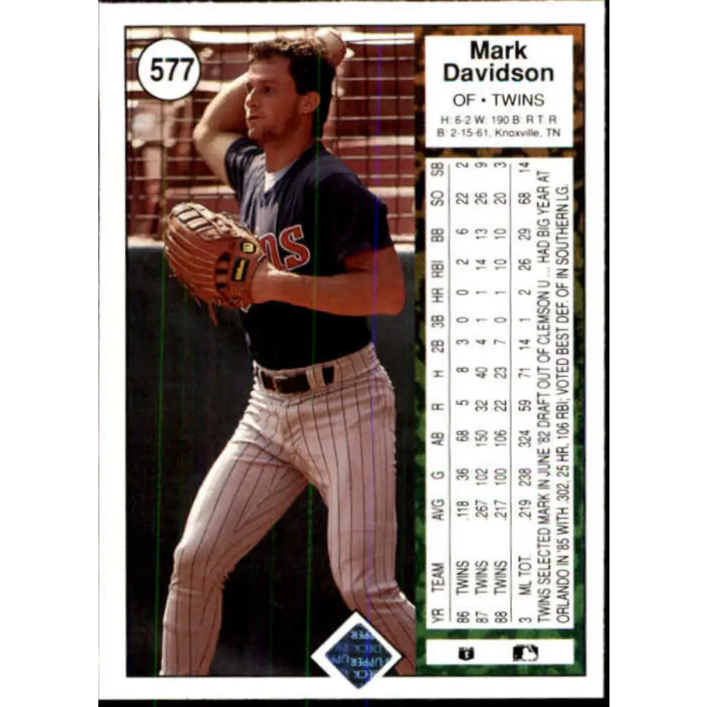 1989 Upper Deck #577 Mark Davidson NM-MT Minnesota Twins Baseball Card Image 2