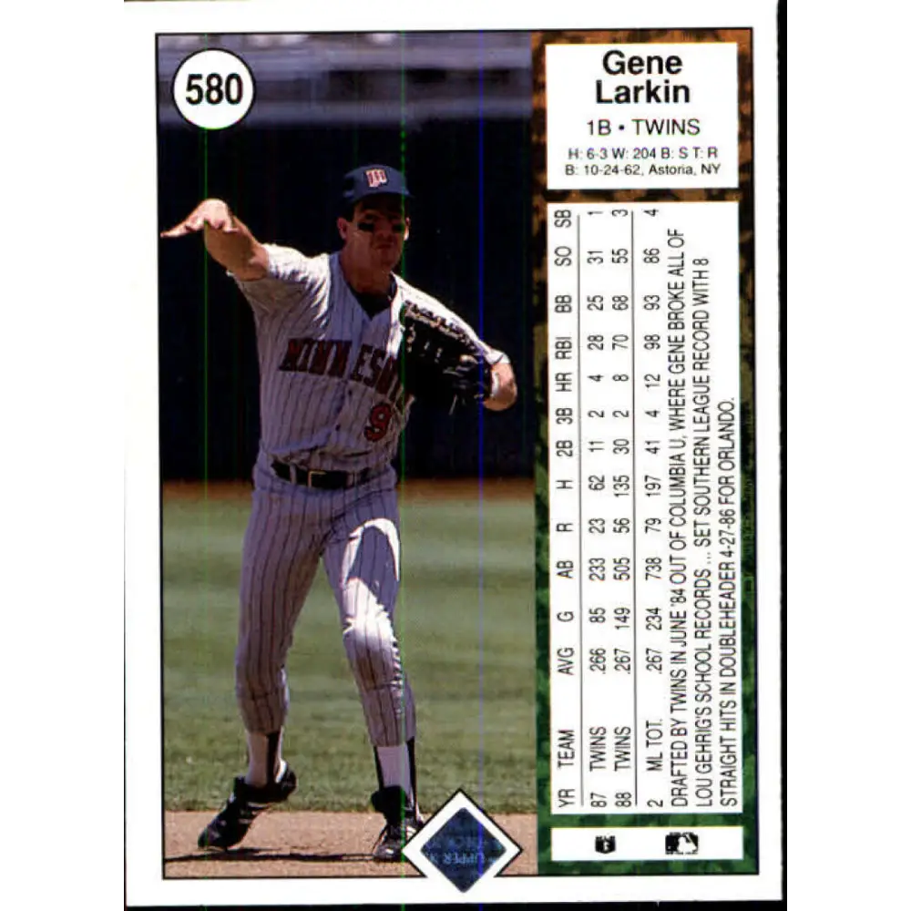 1989 Upper Deck #580 Gene Larkin NM-MT Minnesota Twins Baseball Card Image 2
