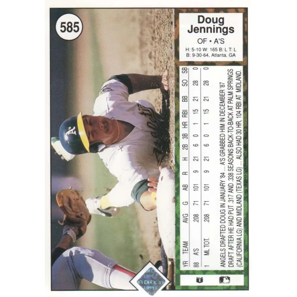 1989 Upper Deck #585 Doug Jennings NM-MT RC Rookie Oakland Athletics Baseball Card Image 2