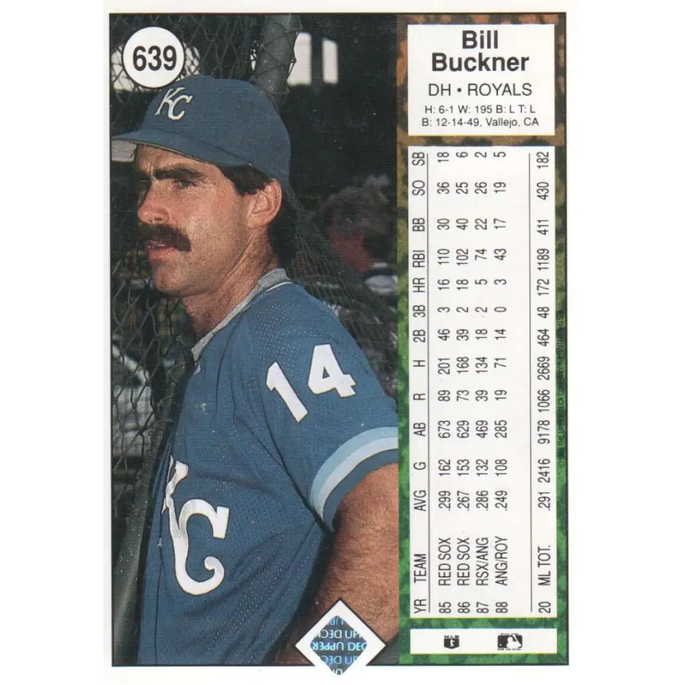 1989 Upper Deck #639 Bill Buckner NM-MT Kansas City Royals Baseball Card Image 2