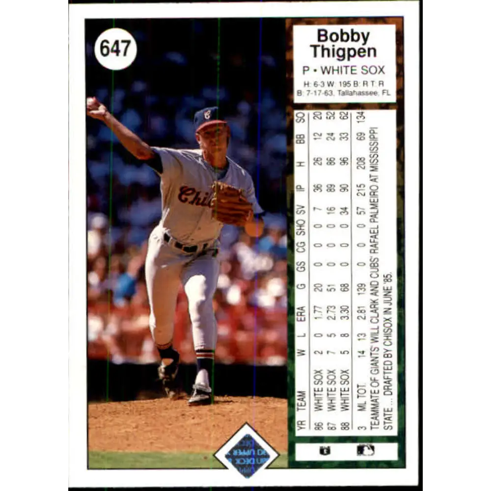 1989 Upper Deck #647 Bobby Thigpen NM-MT Chicago White Sox Baseball Card Image 2