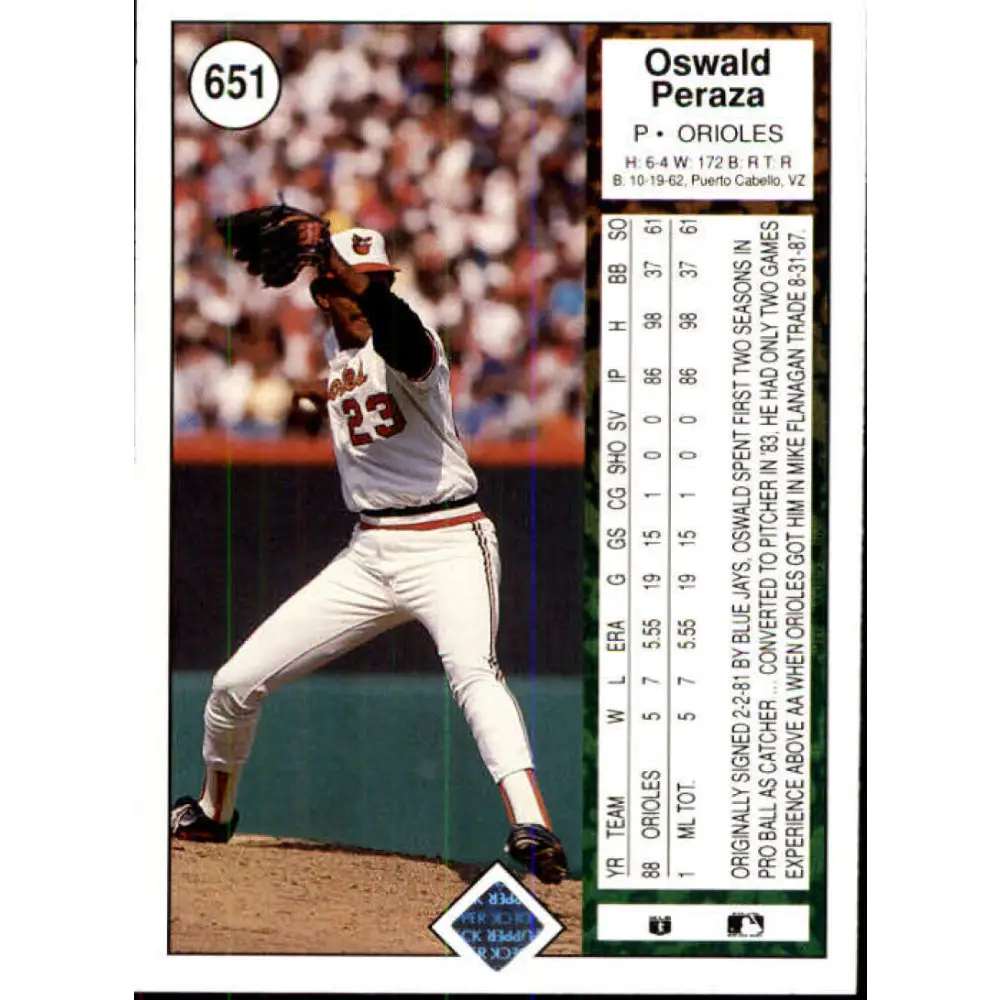 1989 Upper Deck #651 Oswaldo Peraza NM-MT Baltimore Orioles Baseball Card Image 2