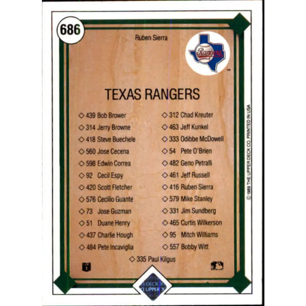 1989 Upper Deck #686 Ruben Sierra TC NM-MT Texas Rangers Baseball Card Image 2