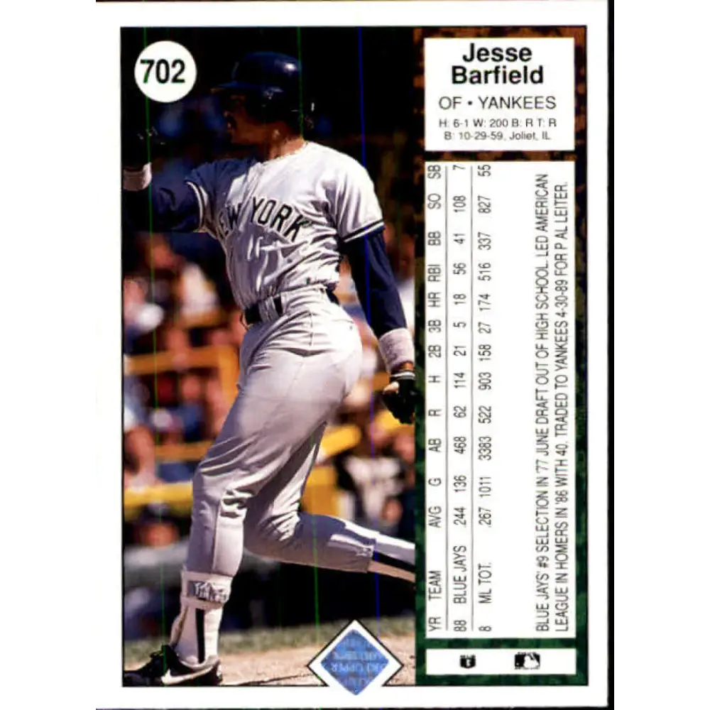 1989 Upper Deck #702 Jesse Barfield NM-MT New York Yankees Baseball Card Image 2