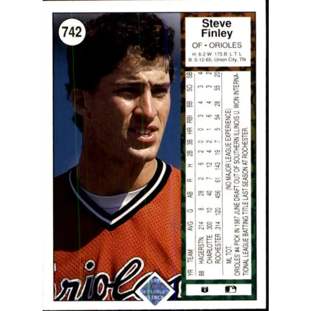 1989 Upper Deck #742 Steve Finley NM-MT RC Rookie Baltimore Orioles Baseball Card Image 2