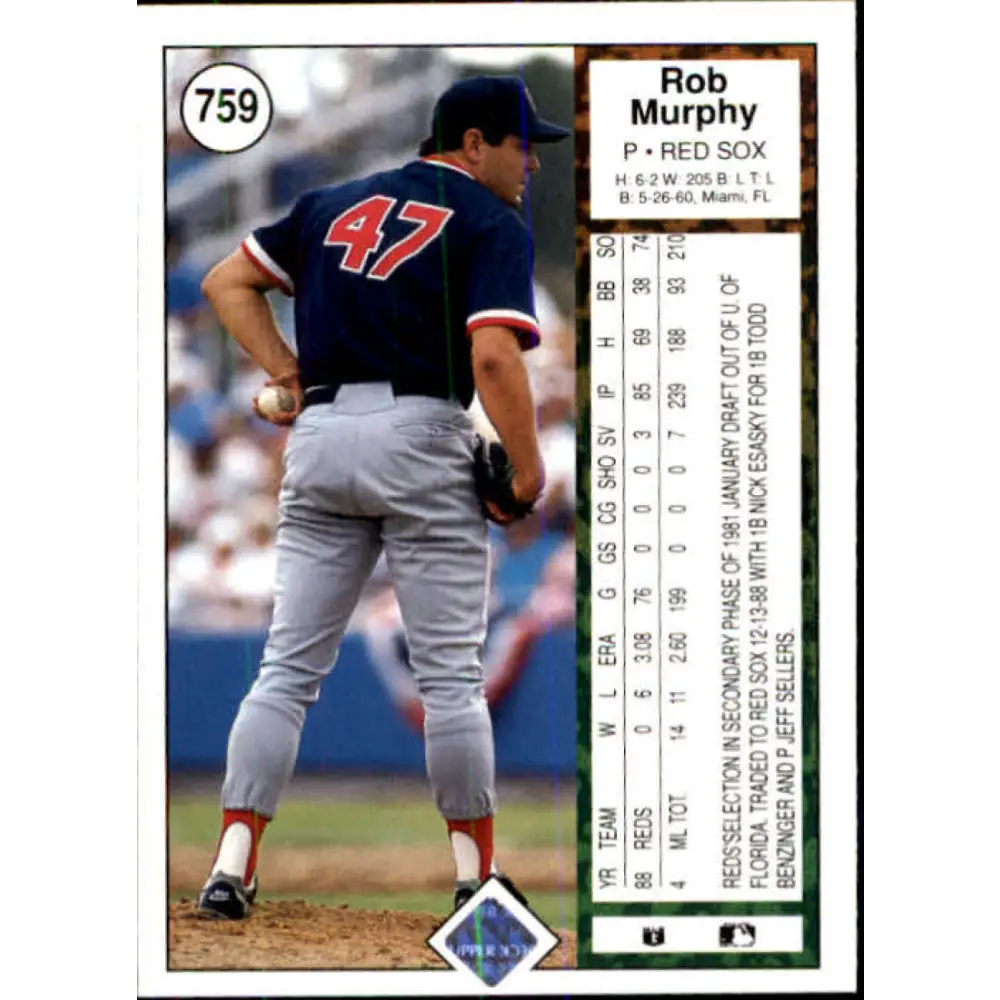 1989 Upper Deck #759 Rob Murphy NM-MT Boston Red Sox Baseball Card Image 2