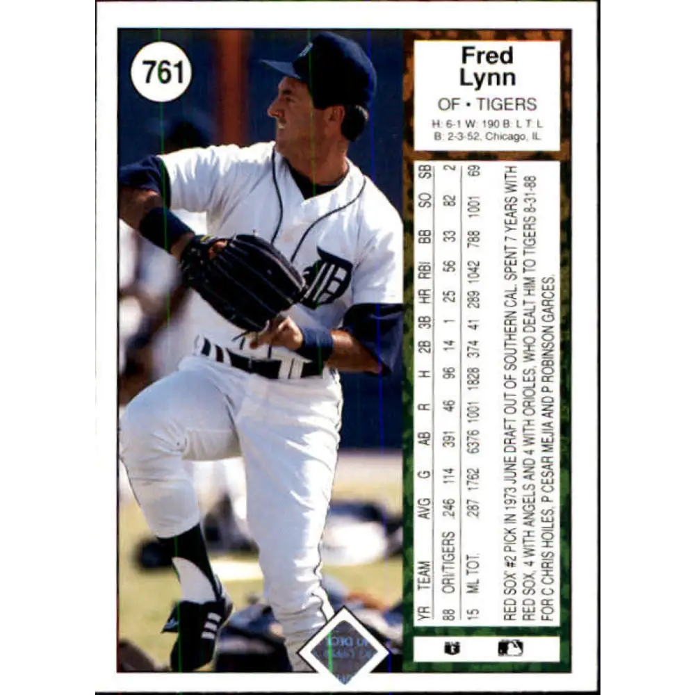 1989 Upper Deck #761 Fred Lynn NM-MT Detroit Tigers Baseball Card Image 2