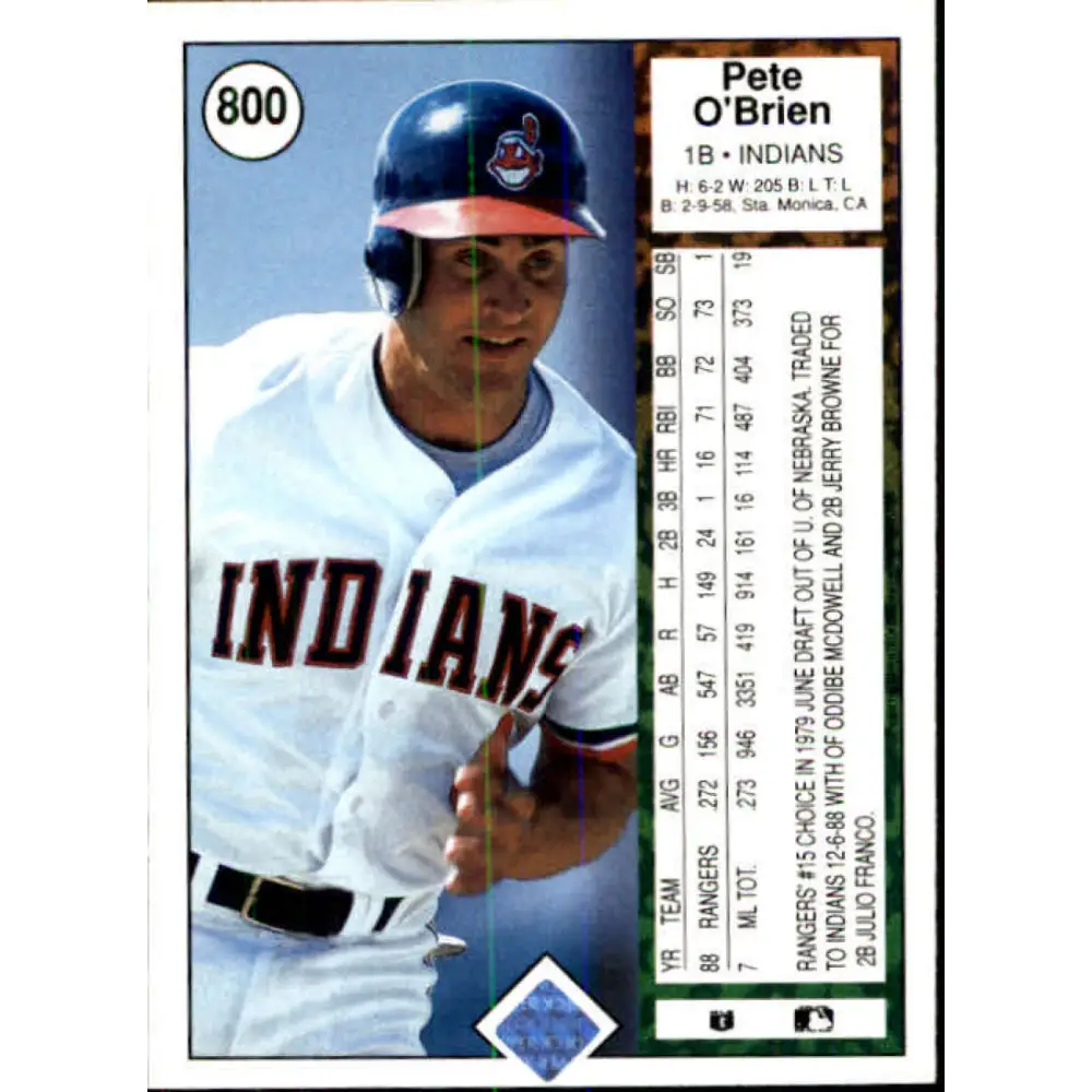 1989 Upper Deck #800 Pete O'Brien NM-MT Cleveland Indians Baseball Card Image 2