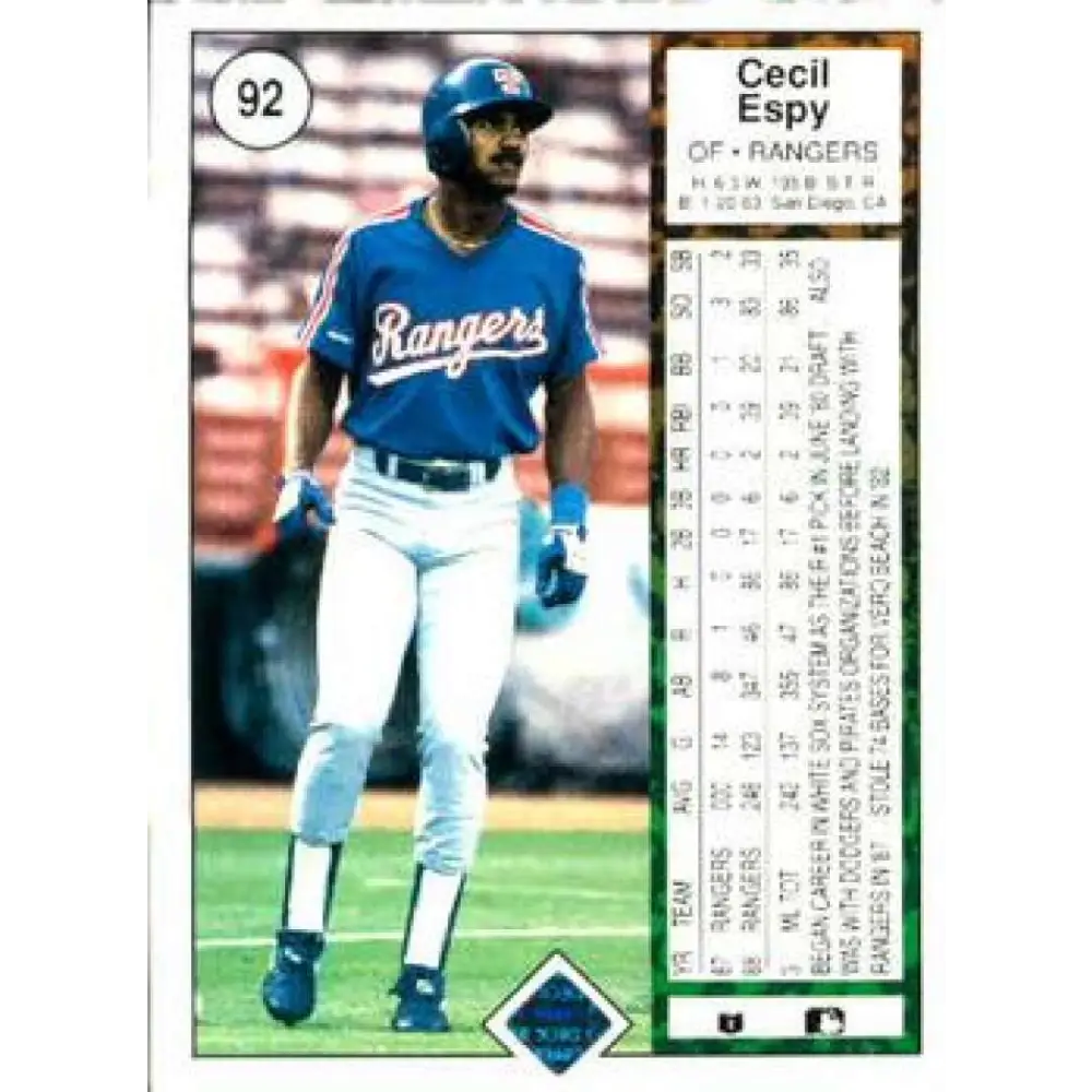 1989 Upper Deck #92 Cecil Espy NM-MT Texas Rangers Baseball Card Image 2