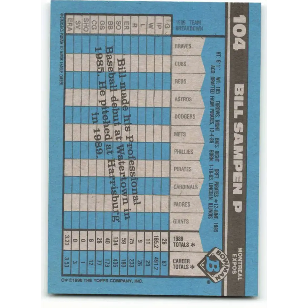 1990 Bowman #104 Bill Sampen NM-MT RC Rookie Montreal Expos Baseball Card  Image 2