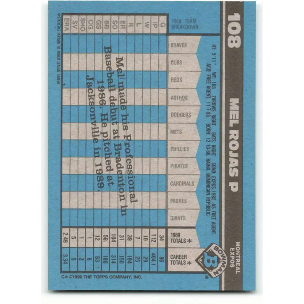 1990 Bowman #108 Mel Rojas NM-MT RC Rookie Montreal Expos Baseball Card  Image 2
