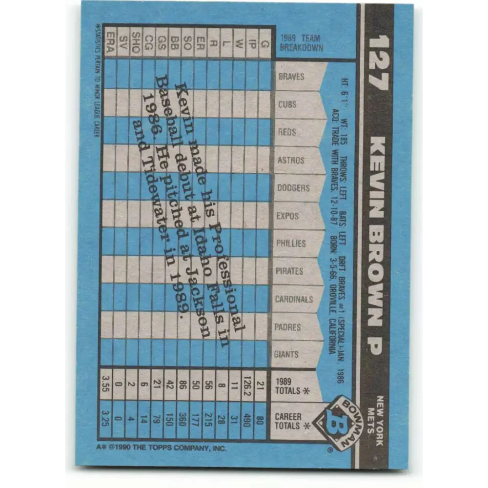 1990 Bowman #127 Kevin Brown NM-MT RC Rookie New York Mets Baseball Card  Image 2
