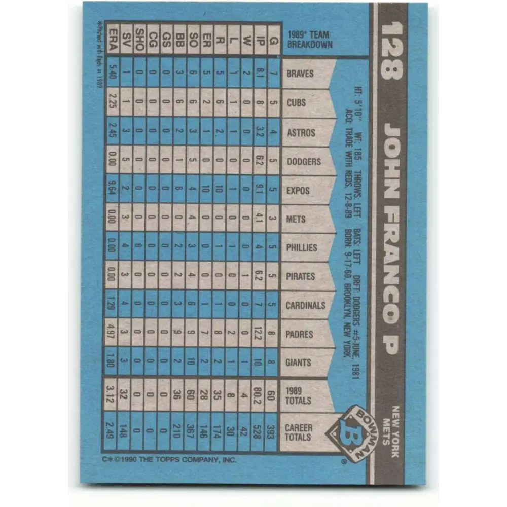 1990 Bowman #128 John Franco NM-MT New York Mets Baseball Card  Image 2
