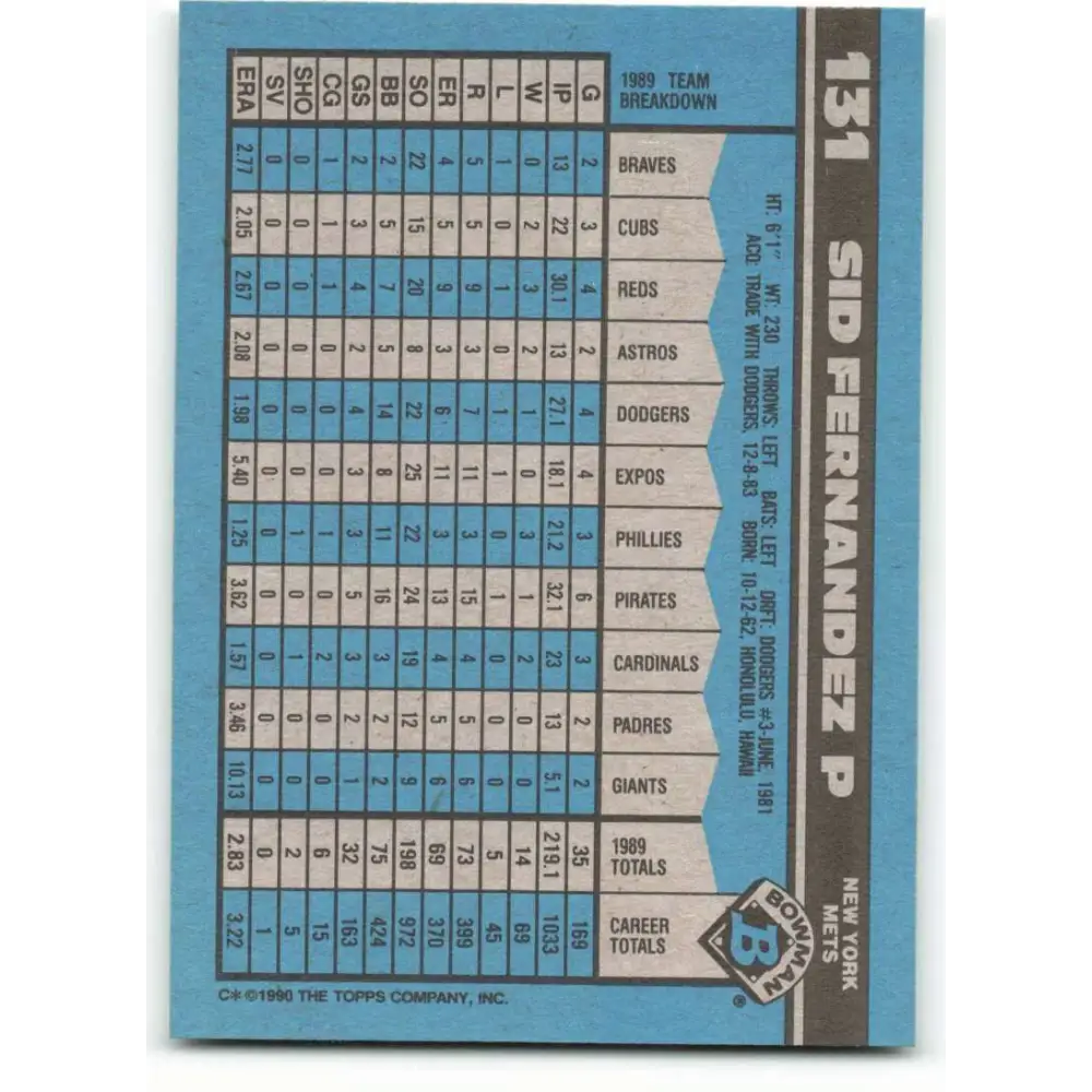 1990 Bowman #131 Sid Fernandez NM-MT New York Mets Baseball Card  Image 2